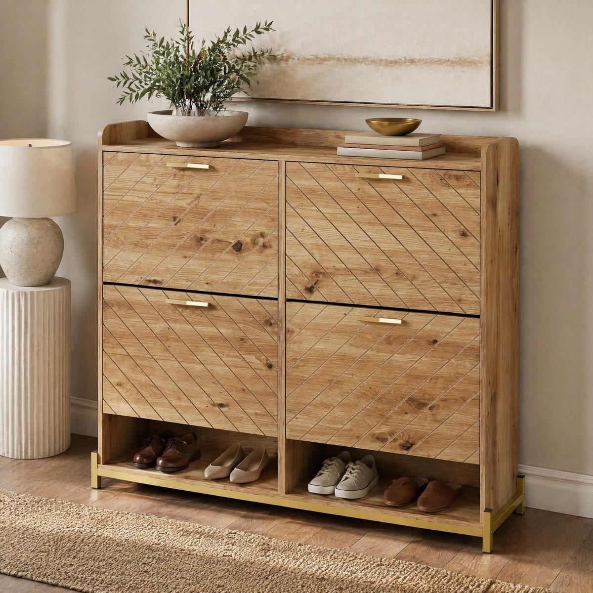 SCHUHSCHRANK in Naturfarben mit 4 Türen,platzsparend,robust und stilvoll für Flur und Eingangsbereich,B108.5/T24/H100cm - Goldfarben/Naturfarben, Holzwerkstoff/Metall (105/100/24cm) - STILVORA