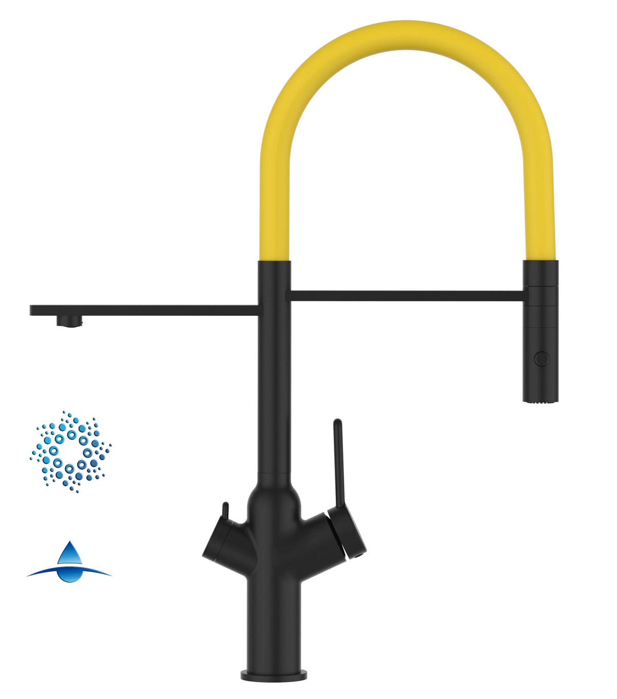 4-WEGE-KÜCHENARMATUR, Schwarz Matt und Gelb, 2-Strahl-Brause - Schwarz, Metall (20.61/48/20.61cm) - VIZIO