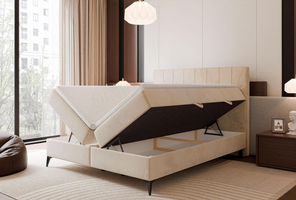 BOXBETT VERA 120x200 cm mit Matratze und Topper, Dichter wasserabweisender Samt Creme - Creme, Textil (120/200cm) - Idohome