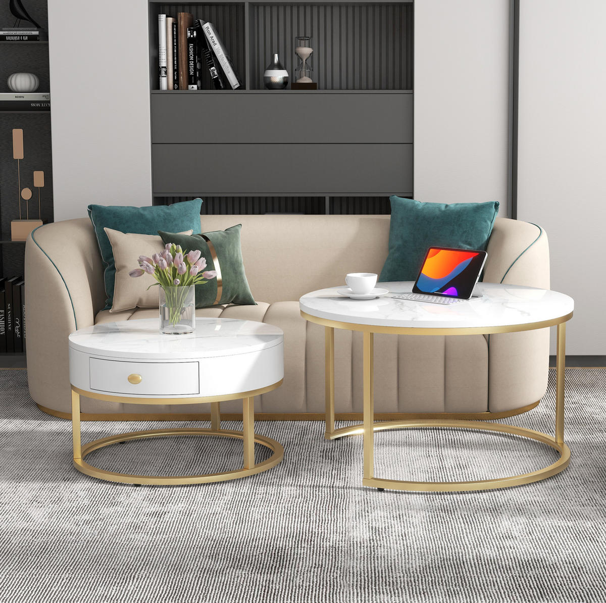 KONFERENČNÍ stolky z MDF 70x70x48/50x50x43,5 cm bílá sada 2 ks s mramorovým dekorem a zasouvacím designem - bílá, kompozitní dřevo (70/70/48cm) - Modfu