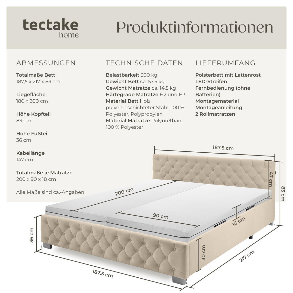 BETTSET , großer Stauraum unter dem hochklappbaren Lattenrost, Samtoptik sand - Gelb/Samtahornfarben, Holz (180/200cm) - tectake