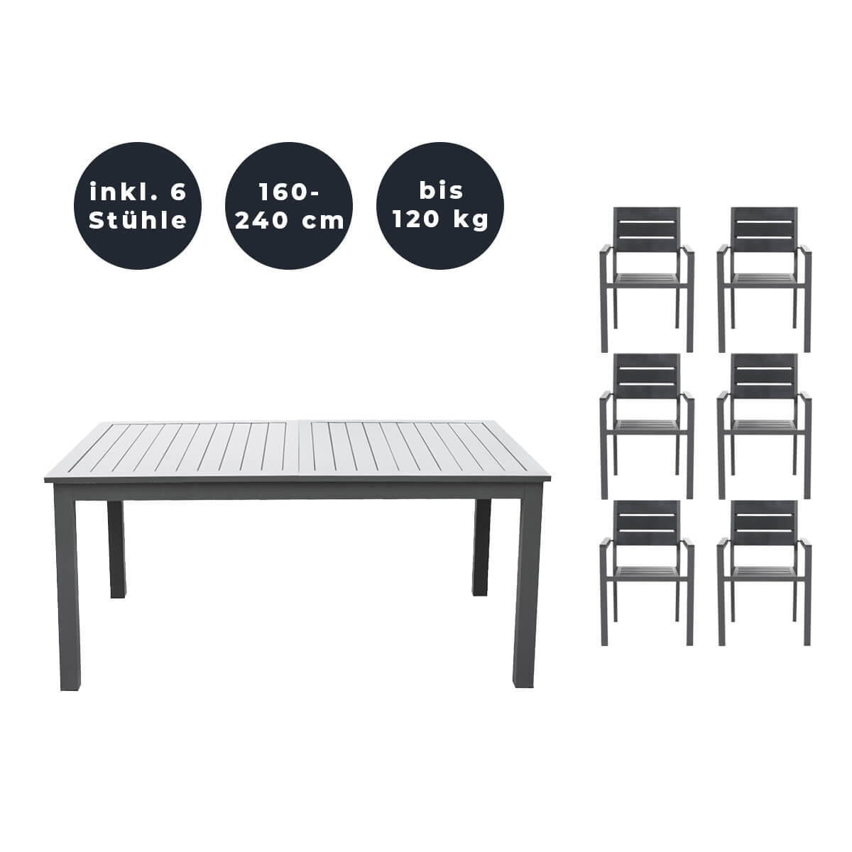 SITZGRUPPE CASA MADERA - 7 tlg. - Anthrazit/Hellgrau, Glas/Metall - Home Deluxe
