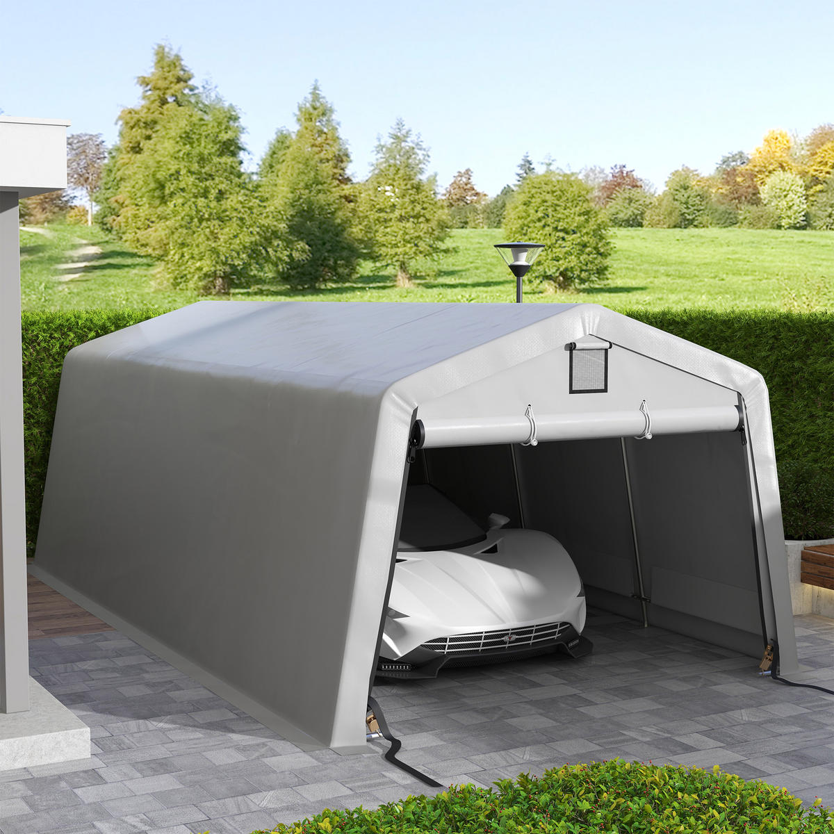 CARPORT DE-12604 620/330/240 cm 150 g/m² wasserdicht mit Rolltür Grau - Hellgrau, Kunststoff (330/240/618cm) - ComfortXL