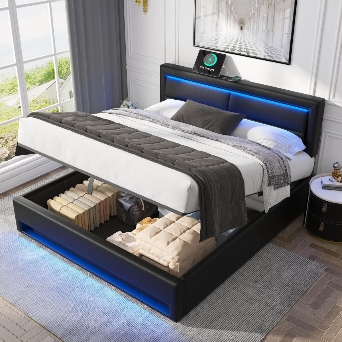 POLSTERBETT aus Kunstleder 140x200 cm in Schwarz mit LED & USB-Ladestation - Schwarz, Leder (140/200cm) - Modfu