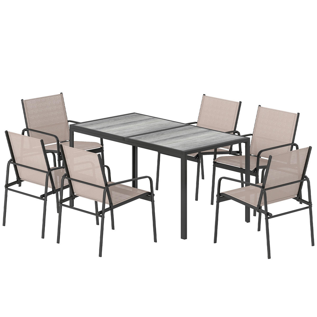 GARTENMÖBEL-SET,HOLZOPTIK Tisch+6 atmungsaktive Stühle,khaki - Beige, Metall - Vallsero