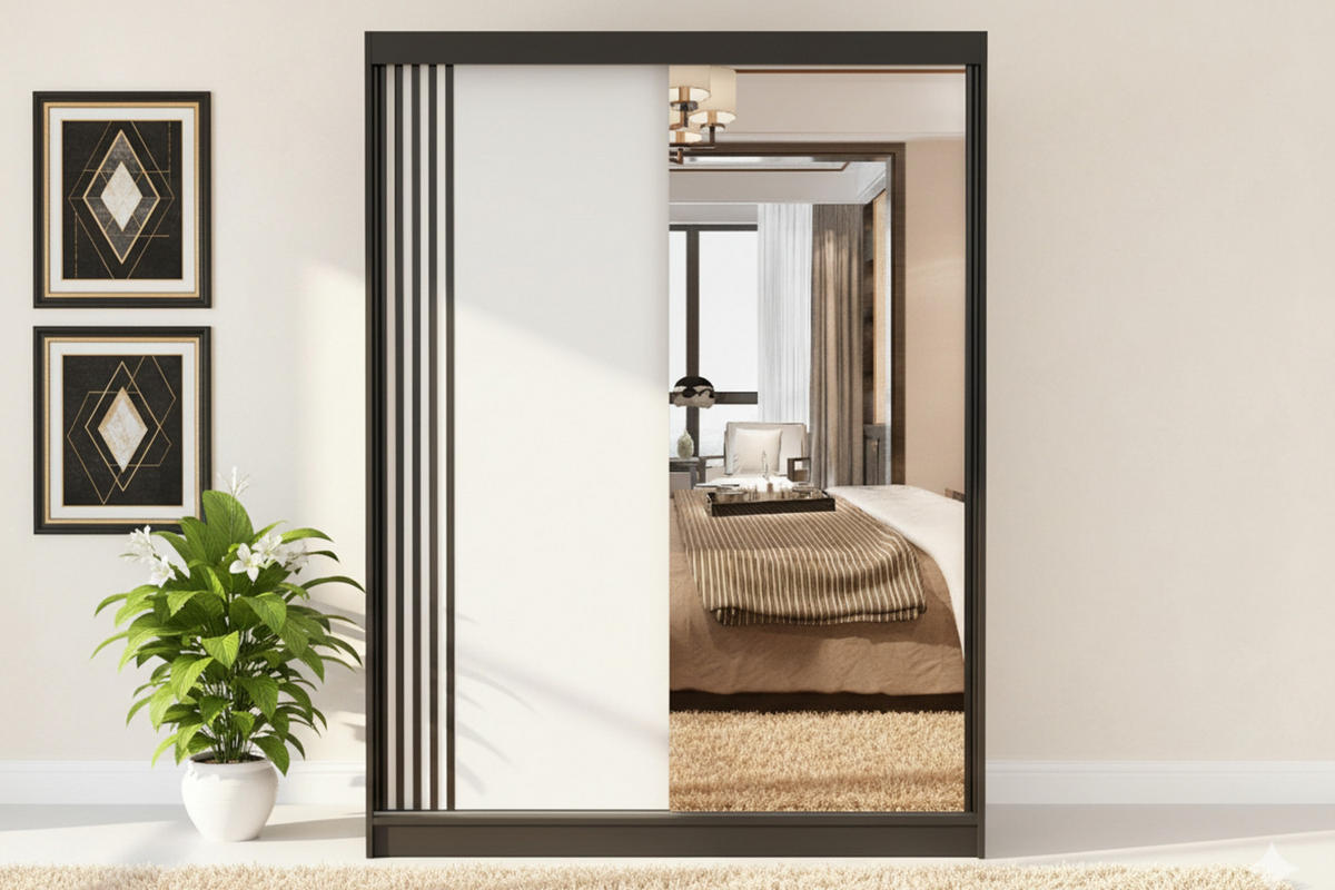 SCHWEBETÜRENSCHRANK VELMA 07 150/200 in Schwarz/Weiß mit Spiegel und LED - Schwarz/Weiß, Holzwerkstoff (150/61/200cm) - Deine Möbel 24