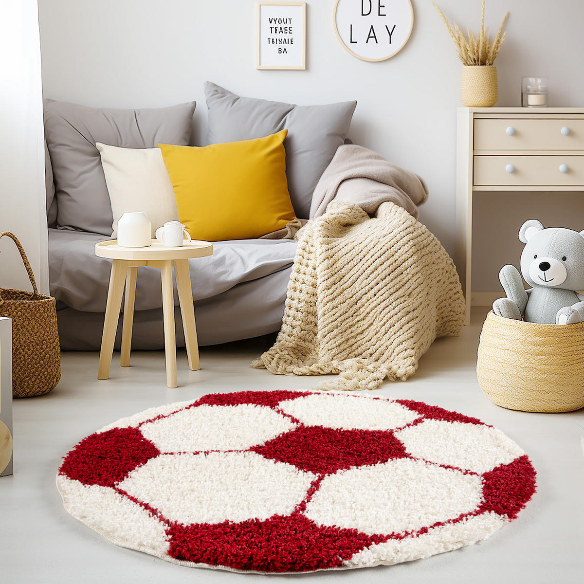 TEPPICH Kinder Hochflor Fußball Motiv Polypropylen Kinderzimmer Rot Rund 100x100 - Rot, Textil (100/100cm) - KADIMA DESIGN