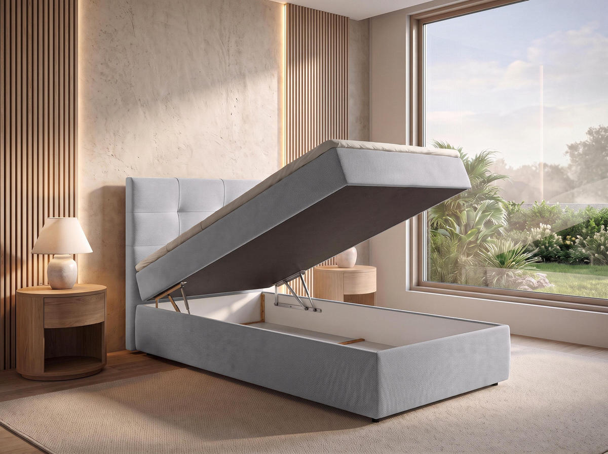 BOXBETT SAKARYA 100x200 cm mit Bettkasten und Matratze - Hellgrau + TOPPER - Hellgrau/Schwarz, Holz/Holzwerkstoff (100/200cm) - AX Living