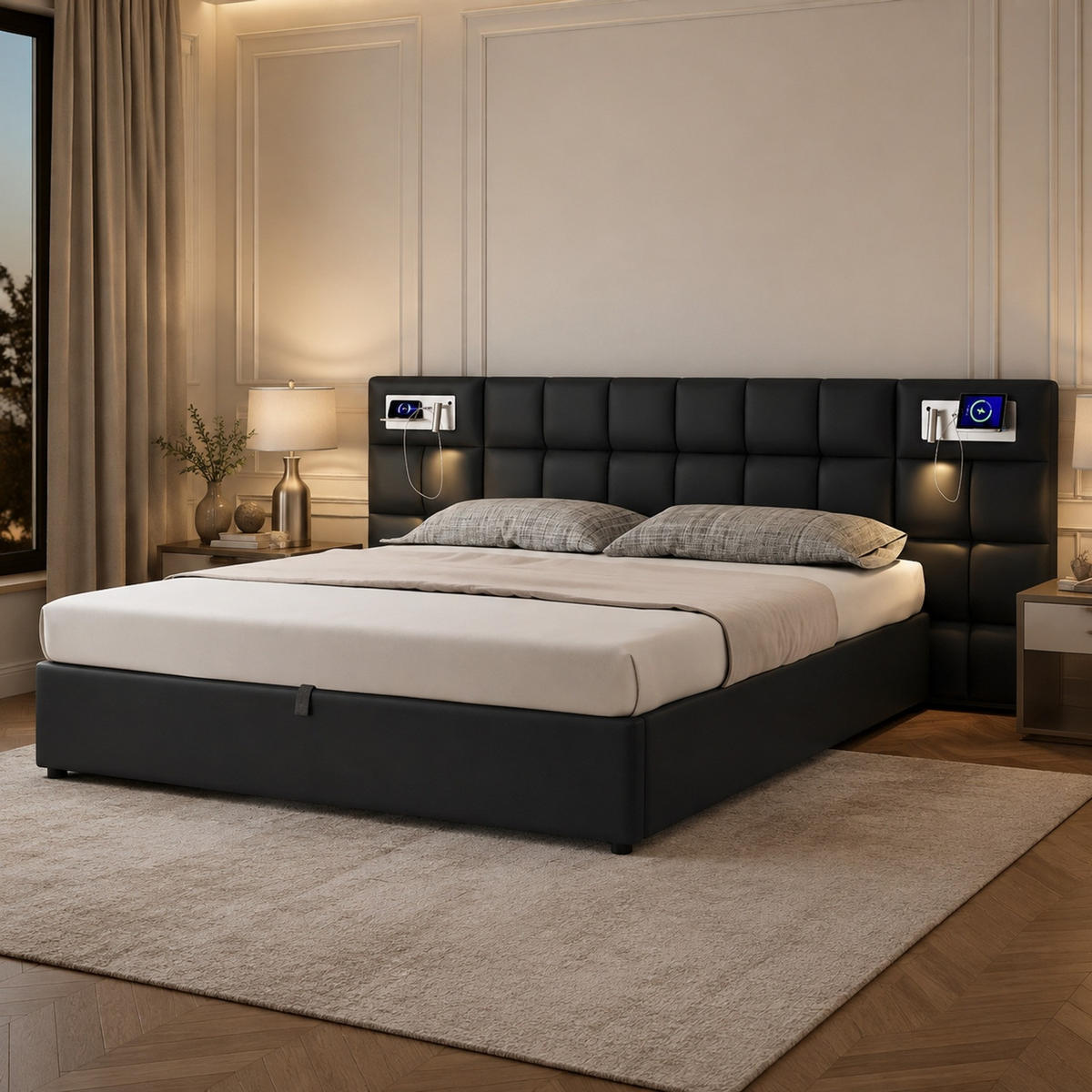 POLSTERBETT 180/200 mit Bettkasten, USB und Wireless Charging in Schwarz - Schwarz, Holzwerkstoff/Textil (180/200cm) - EVRYAE