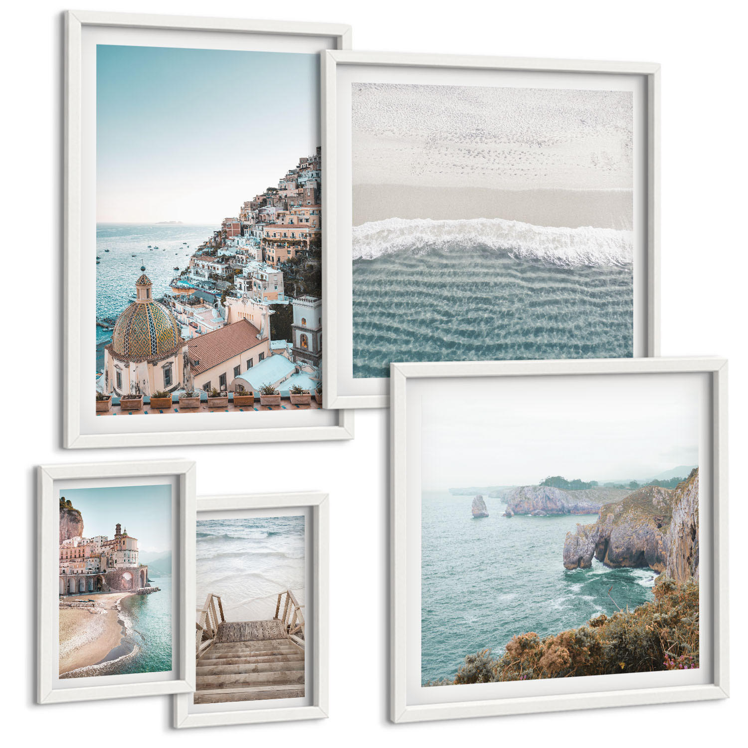 BILDER SET 5er Set - 50x50 cm & 20x30 cm & 40x60 cm Weißer Rahmen - Wasserfälle, Berge, Brücken, Bäume - Weiß, Kunststoff (40/60cm) - TULUP