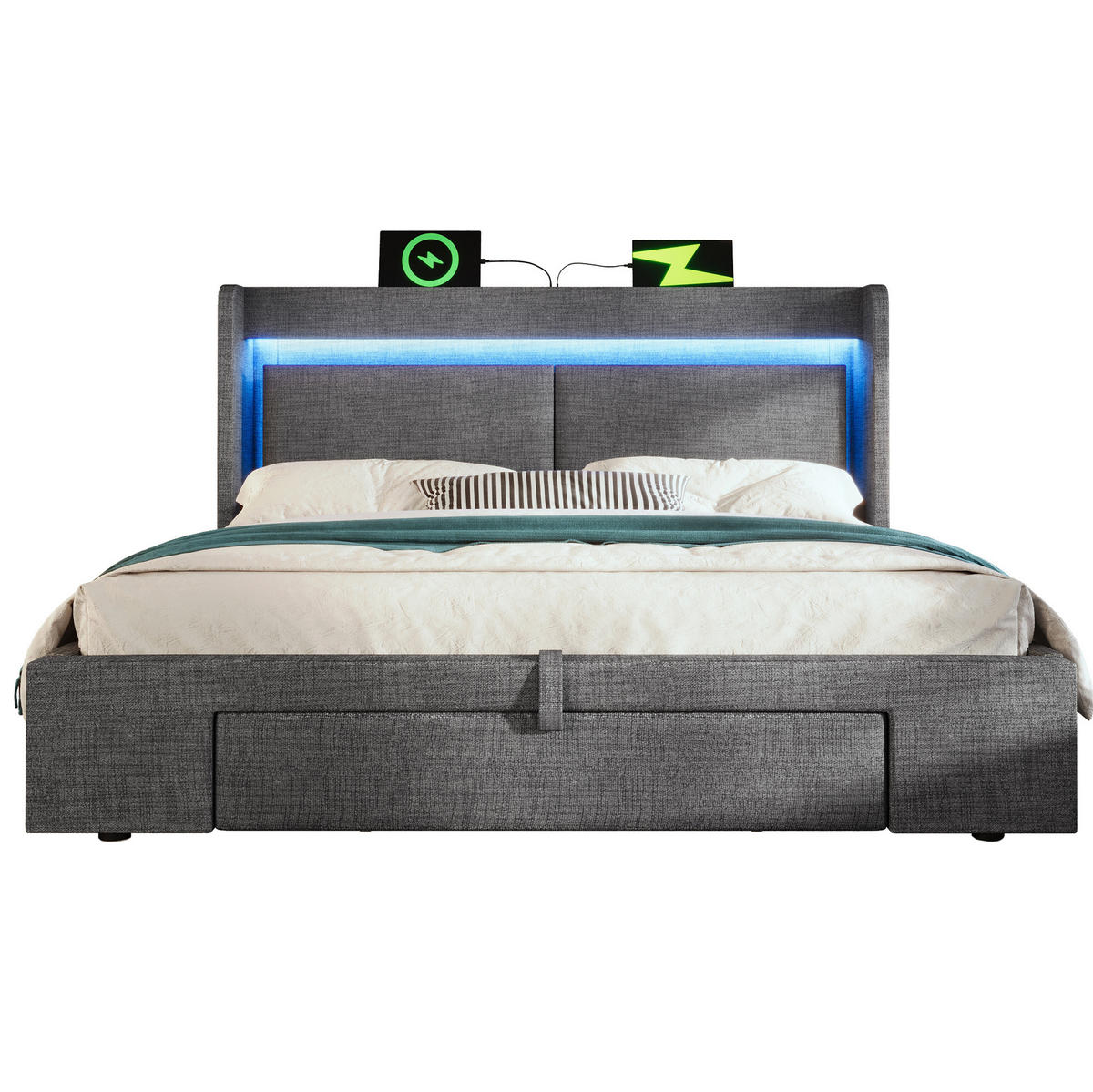 POLSTERBETT aus Leinen 140x200 cm Grau mit Matratze, LED, USB-C und hydraulischem Stauraum - Grau, Textil (140/200cm) - IVMEU