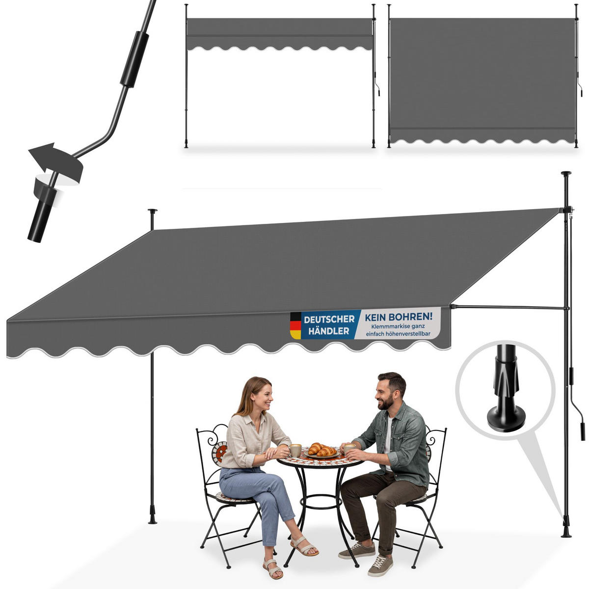KLEMMMARKISE MIT HANDKURBEL , wasserabweisend, schwarz/grau - Schwarz/Grau, Textil (350/304/180cm) - tectake