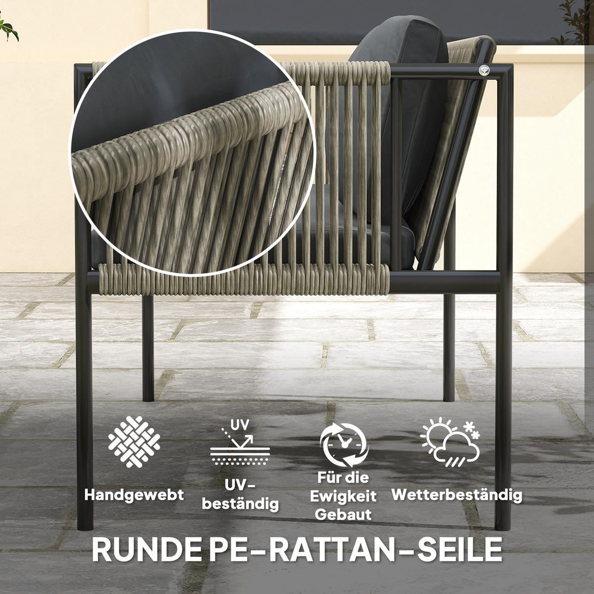 GARTENMÖBEL-SET DE-06725 4-teilig mit Glasplatte Grau - Grau, Kunststoff/Metall - ComfortXL