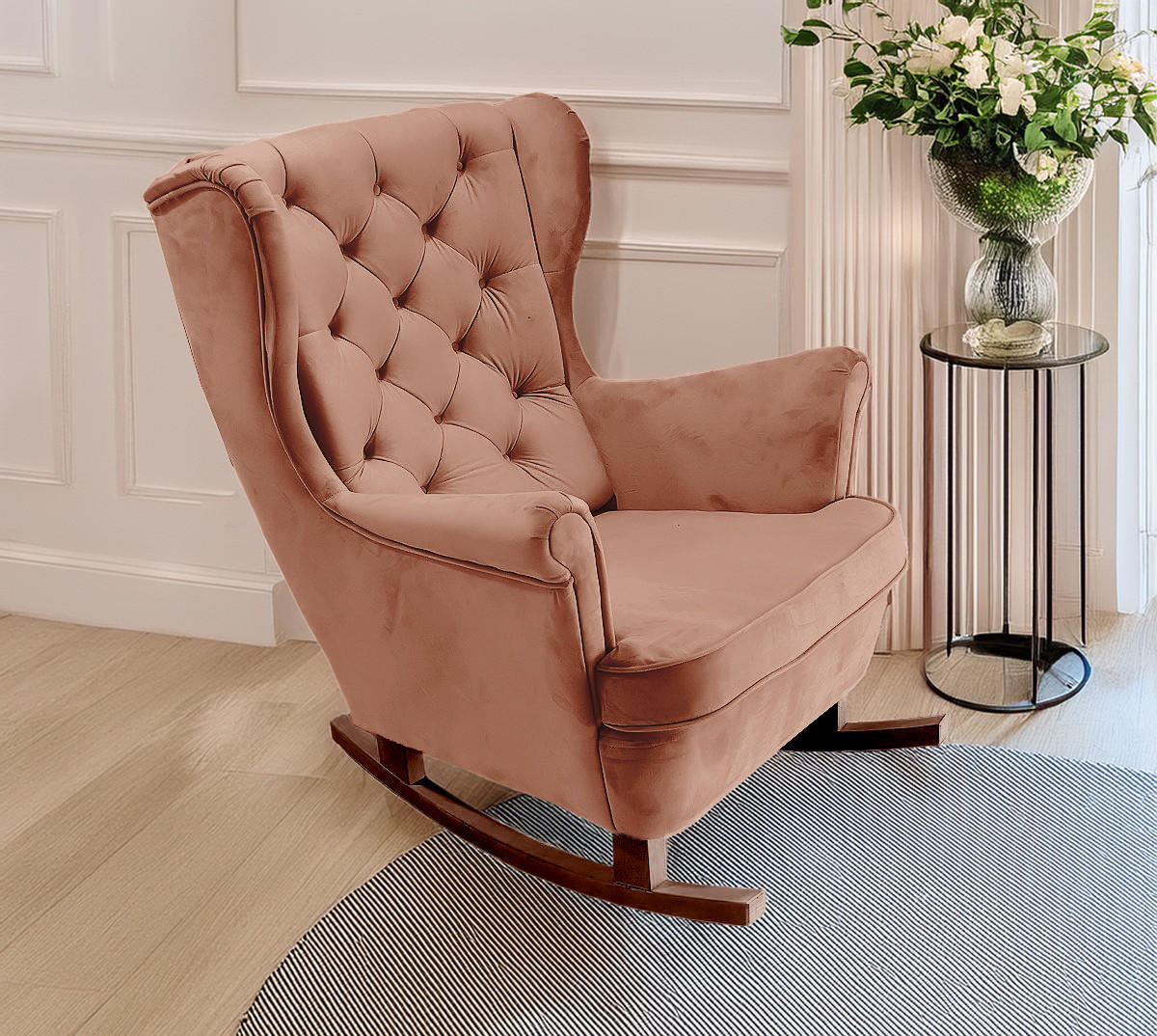 SCHAUKELSESSEL mit gepolstertem Sitz und Armlehnen, 102x81x95 cm, Powder Pink_29831 - Roségold/Braun, Holz/Textil (81/102/95cm) - DomoHome