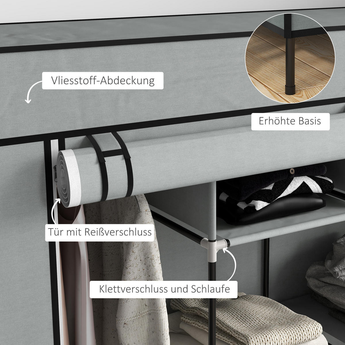 STOFFSCHRANK Kleiderschrank mit Kleiderstange, 10 Fächern, 4 Schubladen - Dunkelgrau, Metall (42.5/169.5/166cm) - HOMCOM