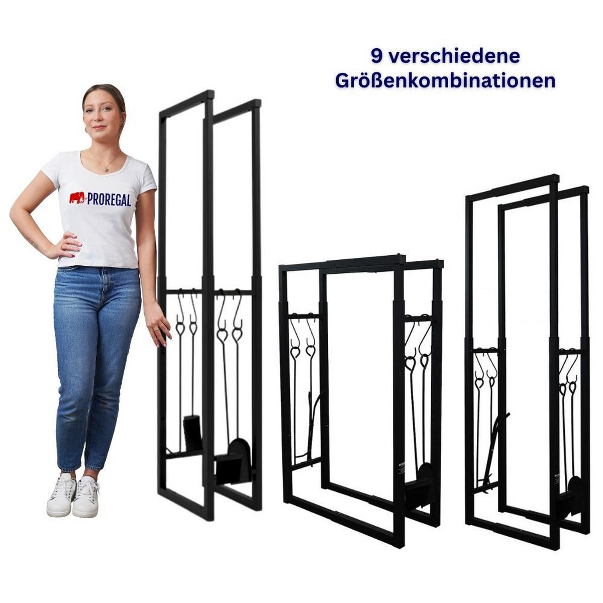 KAMINHOLZREGAL Phoenix verstellbar innen & außen 100-150x40-65x25cm 4 Kaminwerkzeugen Schwarz - Schwarz, Metall (65/150/25cm) - PROREGAL