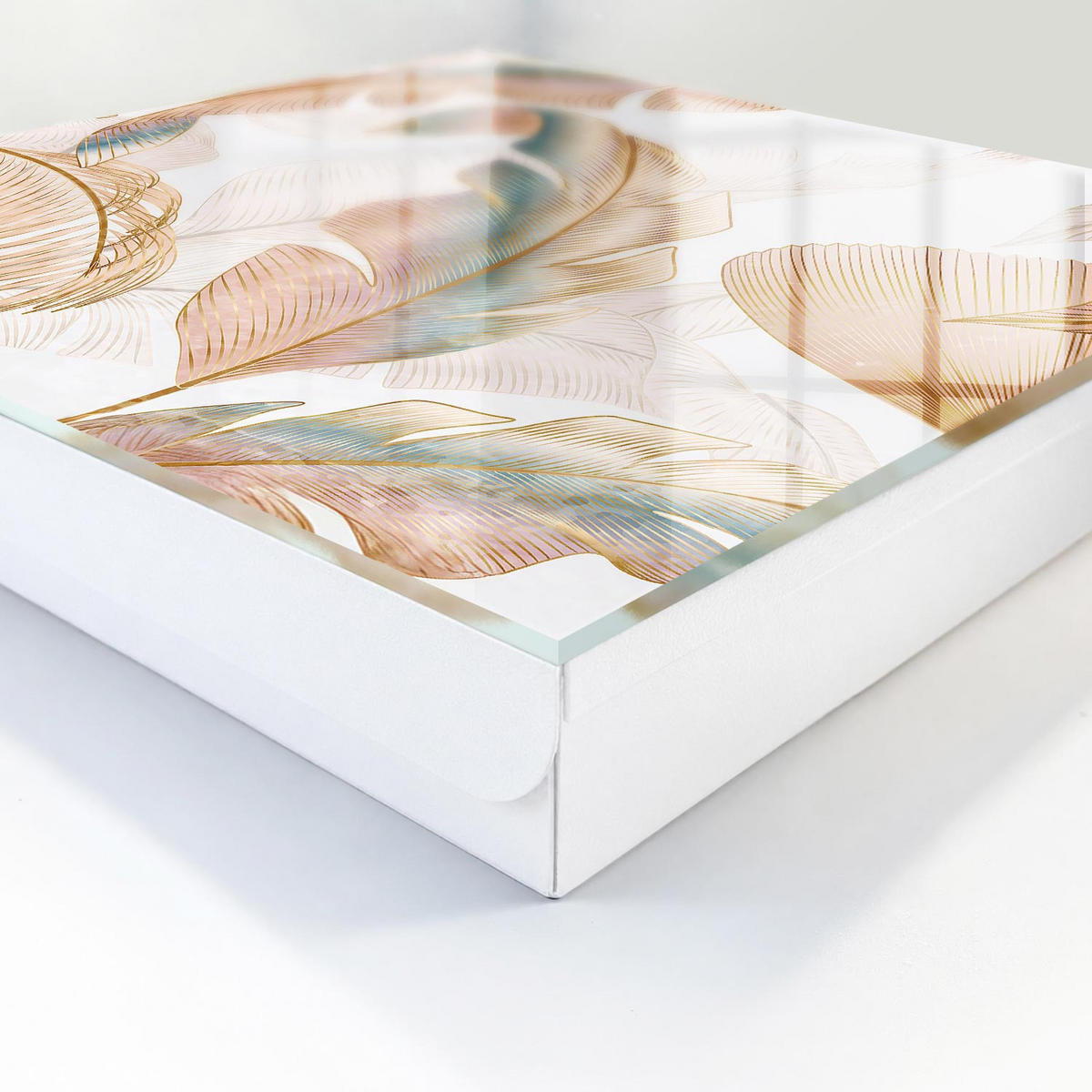 SCHLÜSSELBOX Weiß 30x30 cm – Türöffnung nach rechts - Zarte Blätter - Beige, Metall (30/30/5cm) - TULUP
