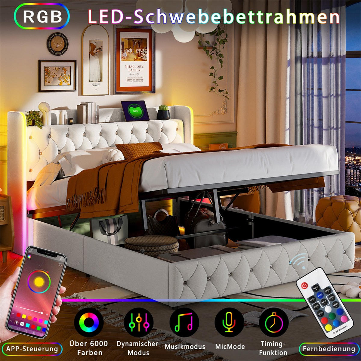 POLSTERBETT 140x200 cm - Doppelbett mit hydraulischem Stauraum und LED - ohne Matratze - Beige - Beige, Textil (140/200cm) - DELFA