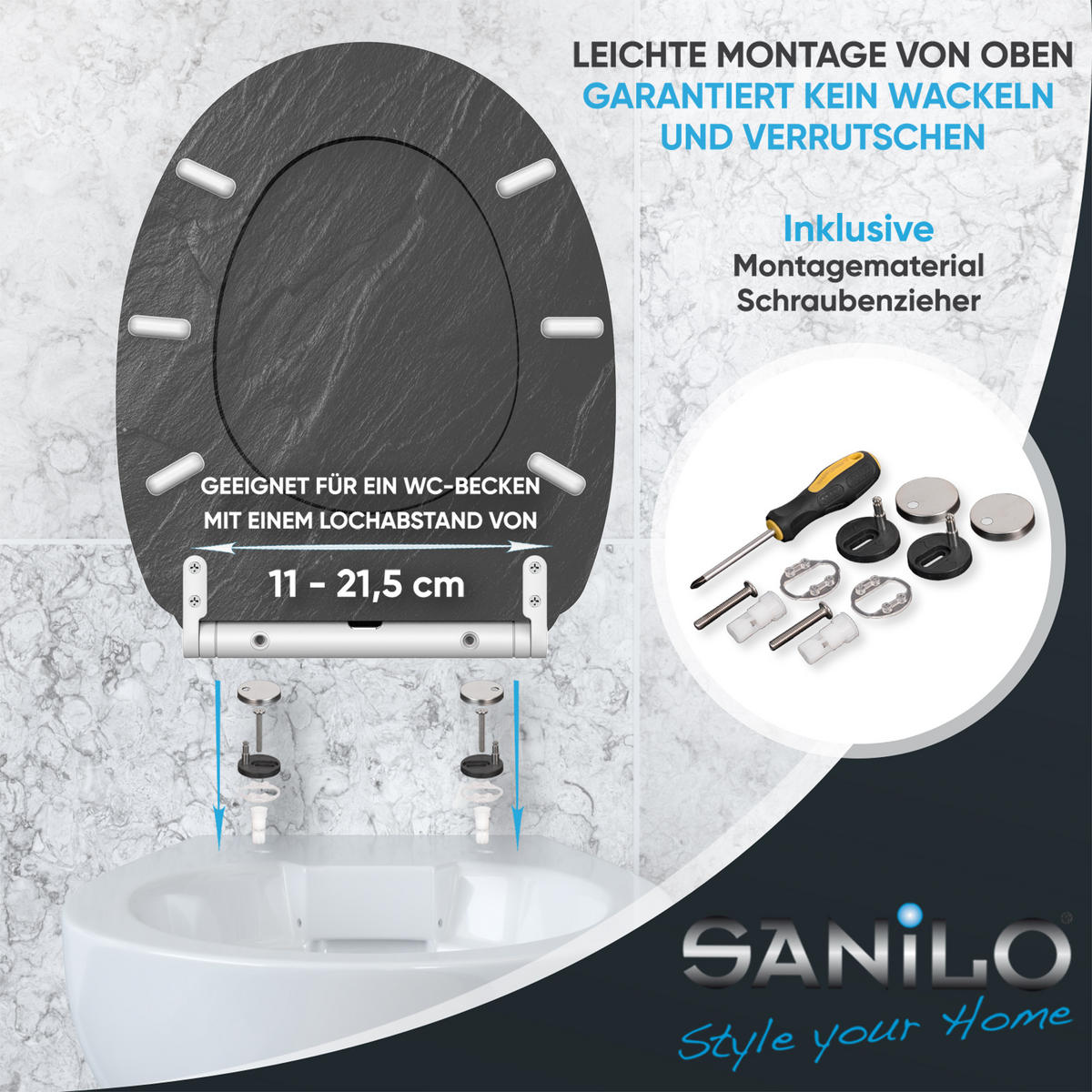 WC-SITZ mit Absenkautomatik & Top Fix Granit - Schwarz, Holzwerkstoff (37.7/5.5/48cm) - Sanilo