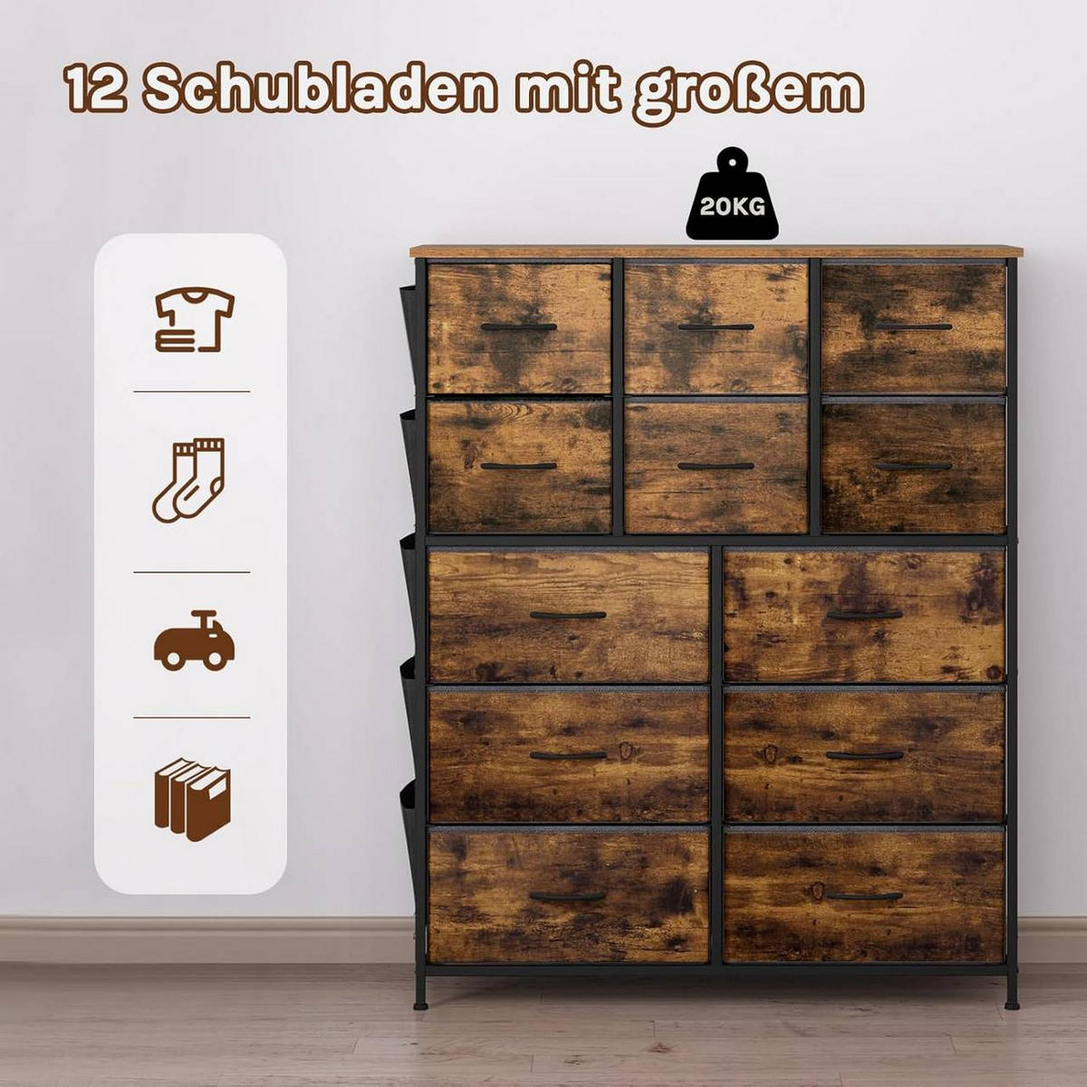 KOMMODE mit 12 Stoffschubladen, Rustikales Braun - Dunkelbraun/Schwarz, Holzwerkstoff/Textil (100/123/30cm) - Woltu