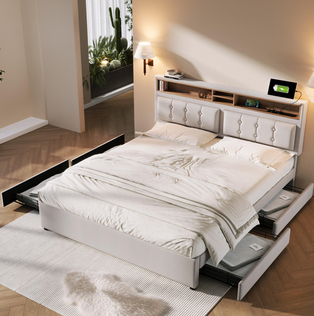 POLSTERBETT mit 4 Schubladen 160x200 cm Leinen Beige mit USB-C - Beige, Metall (160/200cm) - Meubliv
