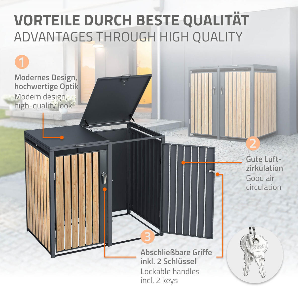 MÜLLTONNENBOX 2er Anthrazit-Lärchenoptik - Naturfarben, Metall (80/116.3/132cm) - ML-DESIGN