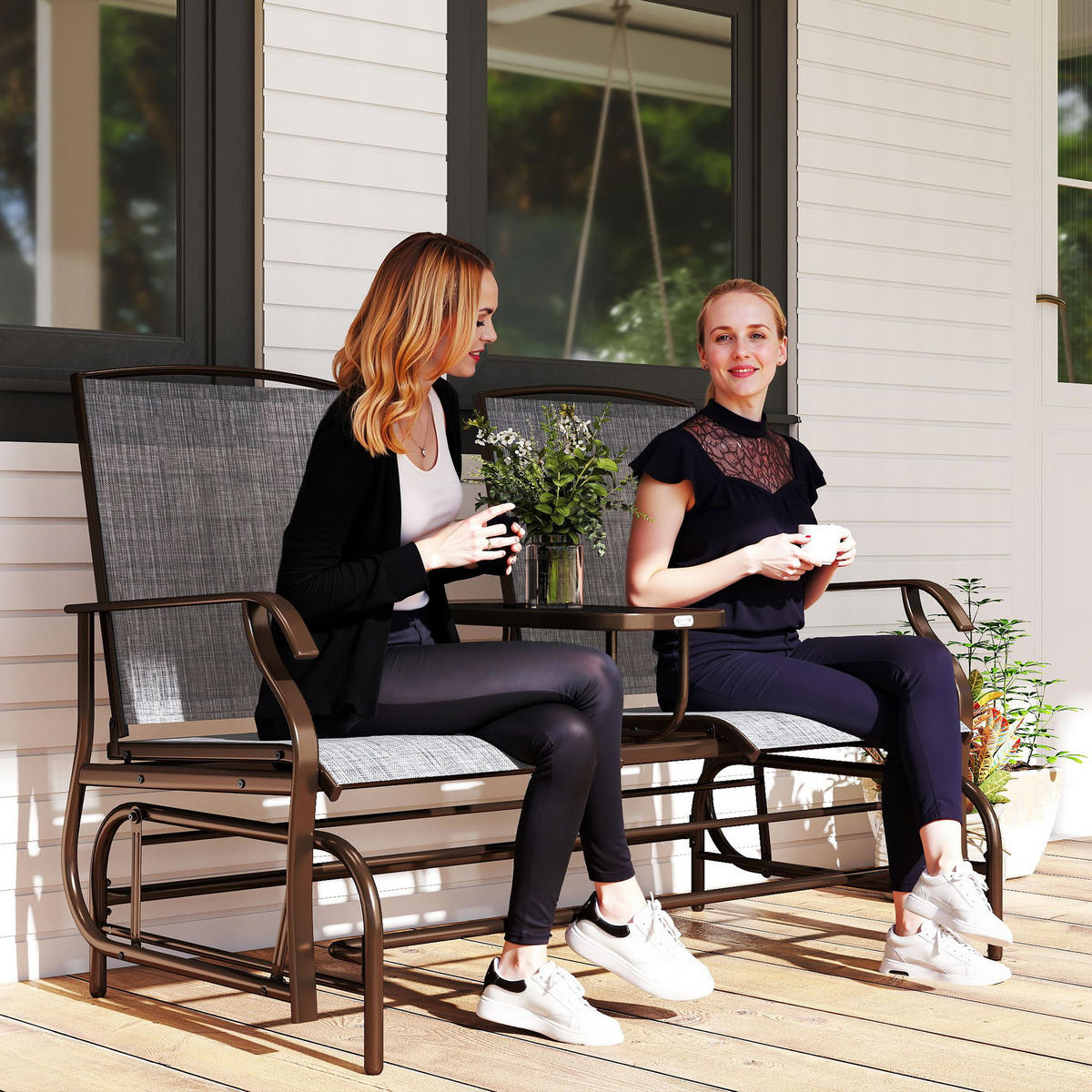GARTENBANK DE-07056 2-Sitzer mit Mittelablage, wetterfest - Braun/Grau, Textil/Metall (147/101.5/78cm) - ComfortXL
