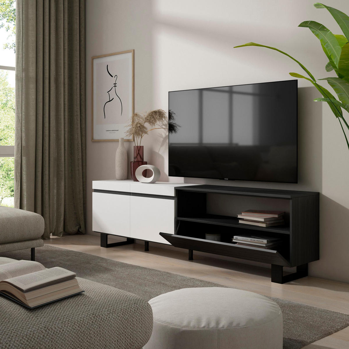 TV-SCHRANK weiß, schwarz, 200/35/57cm - Weiß, Holzwerkstoff (200/57/35cm) - Skraut Home