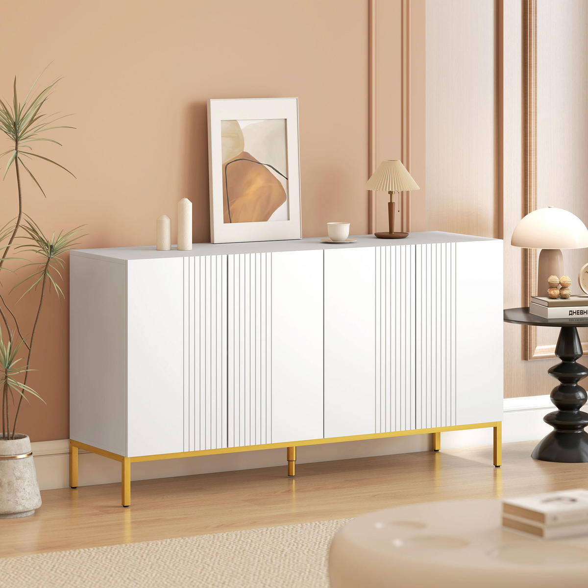 SIDEBOARD Weiß-Goldfarben, 4 Türen, 140/40/75 cm - Weiß, Holz (140/75/40cm) - PANGIVO