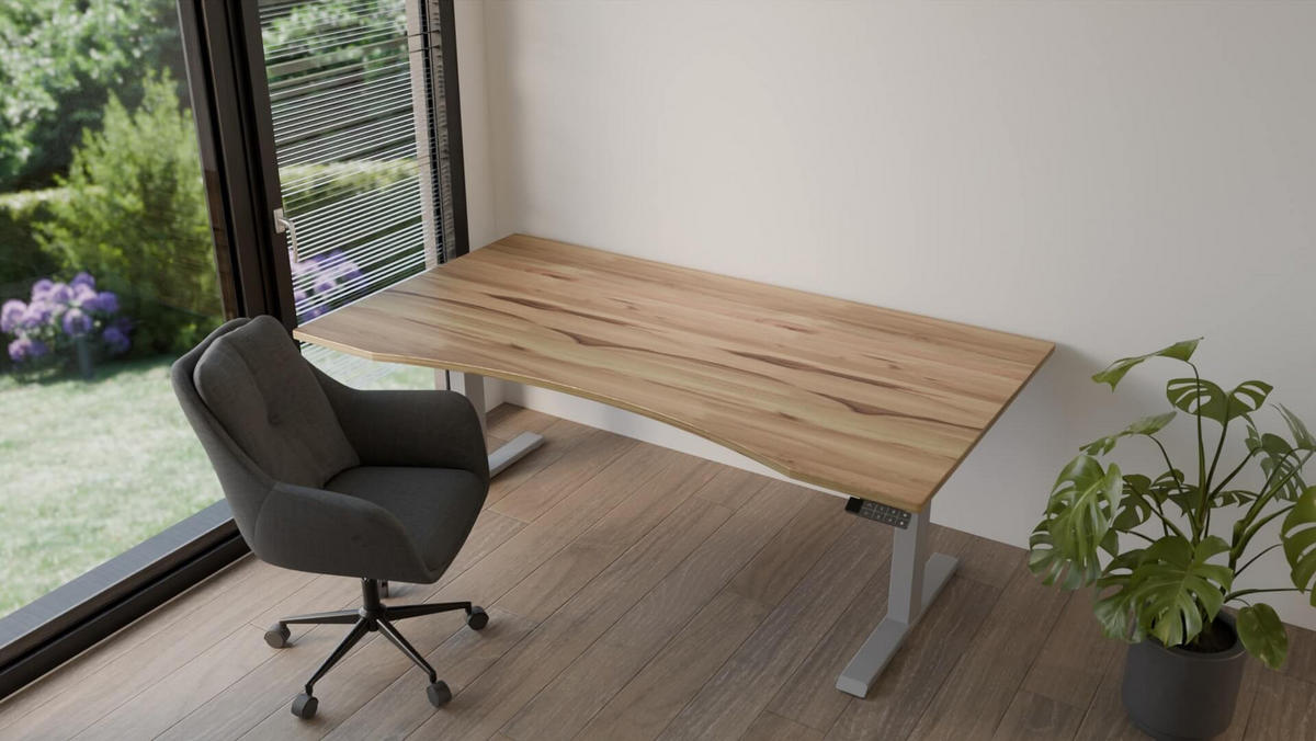 SCHREIBTISCH 150/80 elektrisch höhenverstellbar aus Wildeiche ergonomisch - Weiß - Weiß/Braun, Holz (80/150/72.5cm) - MeinMassivholz