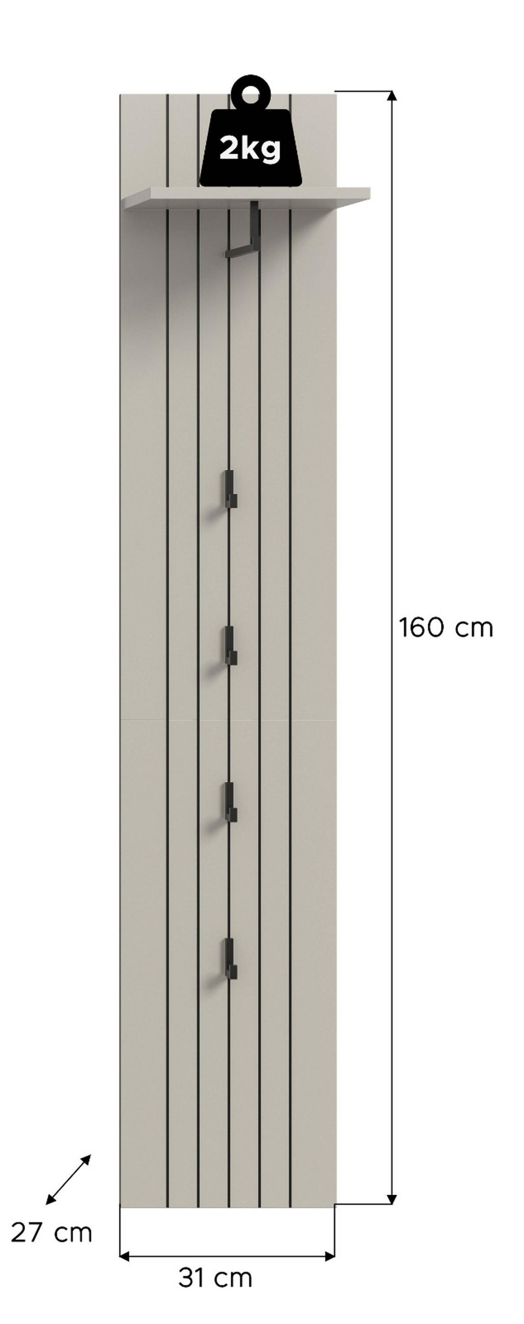 GARDEROBENPANEEL Kaschmir 31 x 160 cm, Flurgarderobe mit Kleiderstange - Kaschmir, Holzwerkstoff/Metall (31/160/27cm) - Inn.Furn