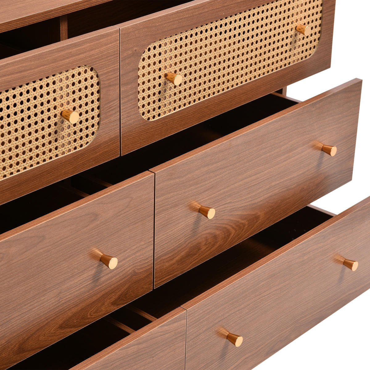 SIDEBOARD mit 6 Schubladen und Rattan-Elementen - Braun, Holzwerkstoff/Metall (120/90/40cm) - Urban Meuble