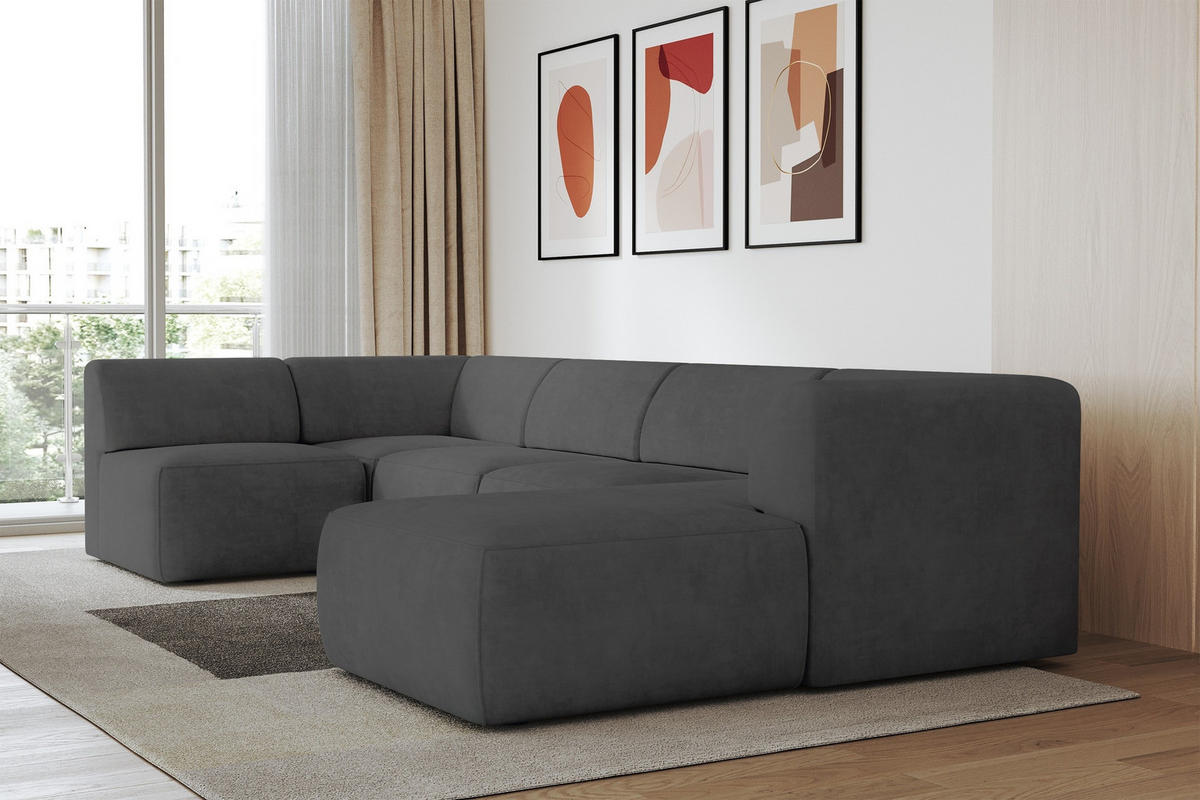 WOHNLANDSCHAFT Ottomane Rechts MOVO-L 345x180x78 cm Dunkelgrau Velours - Dunkelgrau/Anthrazit, Holzwerkstoff/Kunststoff (345/78/180cm) - ALTDECOR