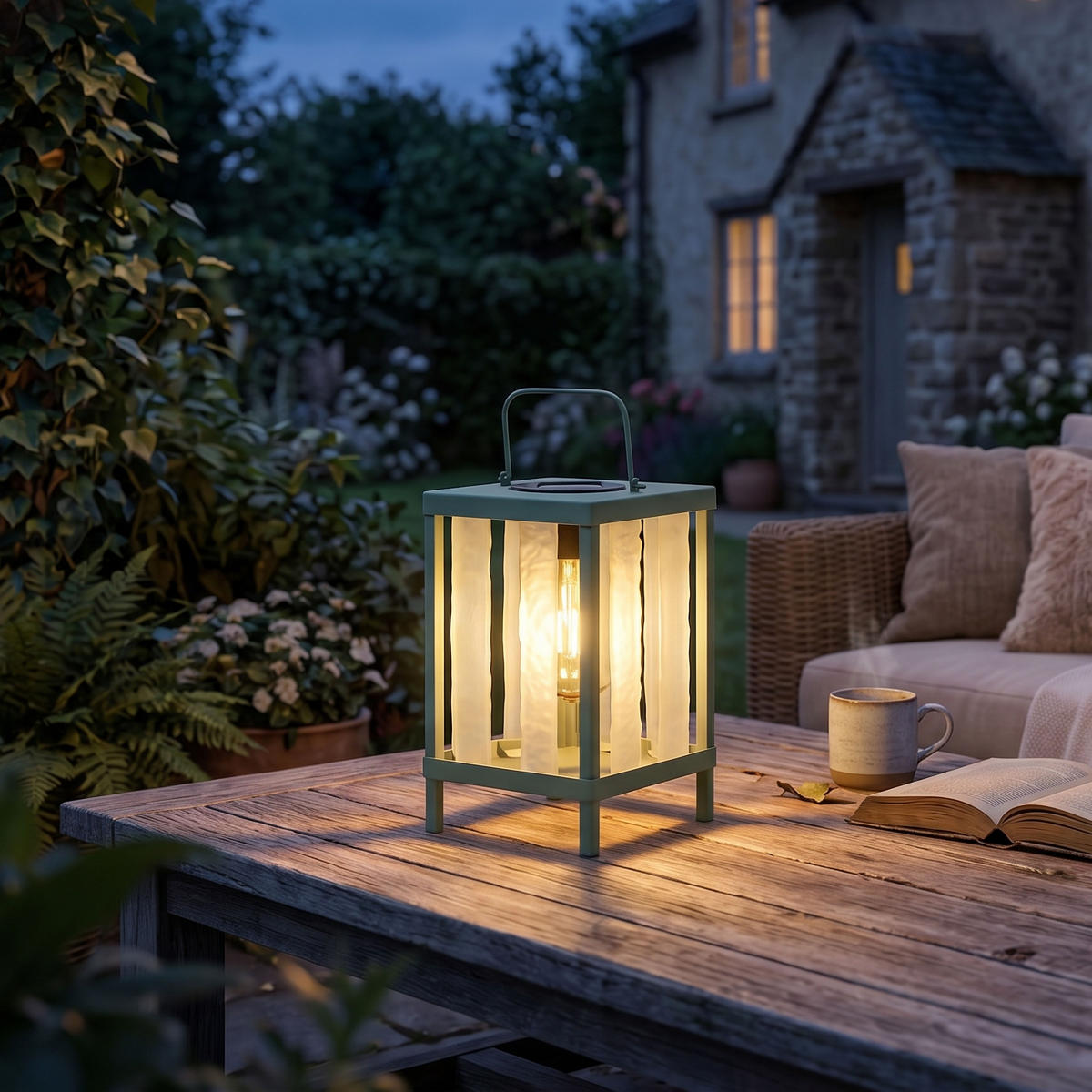 SOLAR-GARTENLEUCHTE LED-Tischleuchte wetterfest mit-Dämmerungssensor warmweiß Metall Echtglas Laterne für Balkon Terrasse Garten mit-Aufhängung - Grün, Metall (15/15/32cm) - Elblight.de