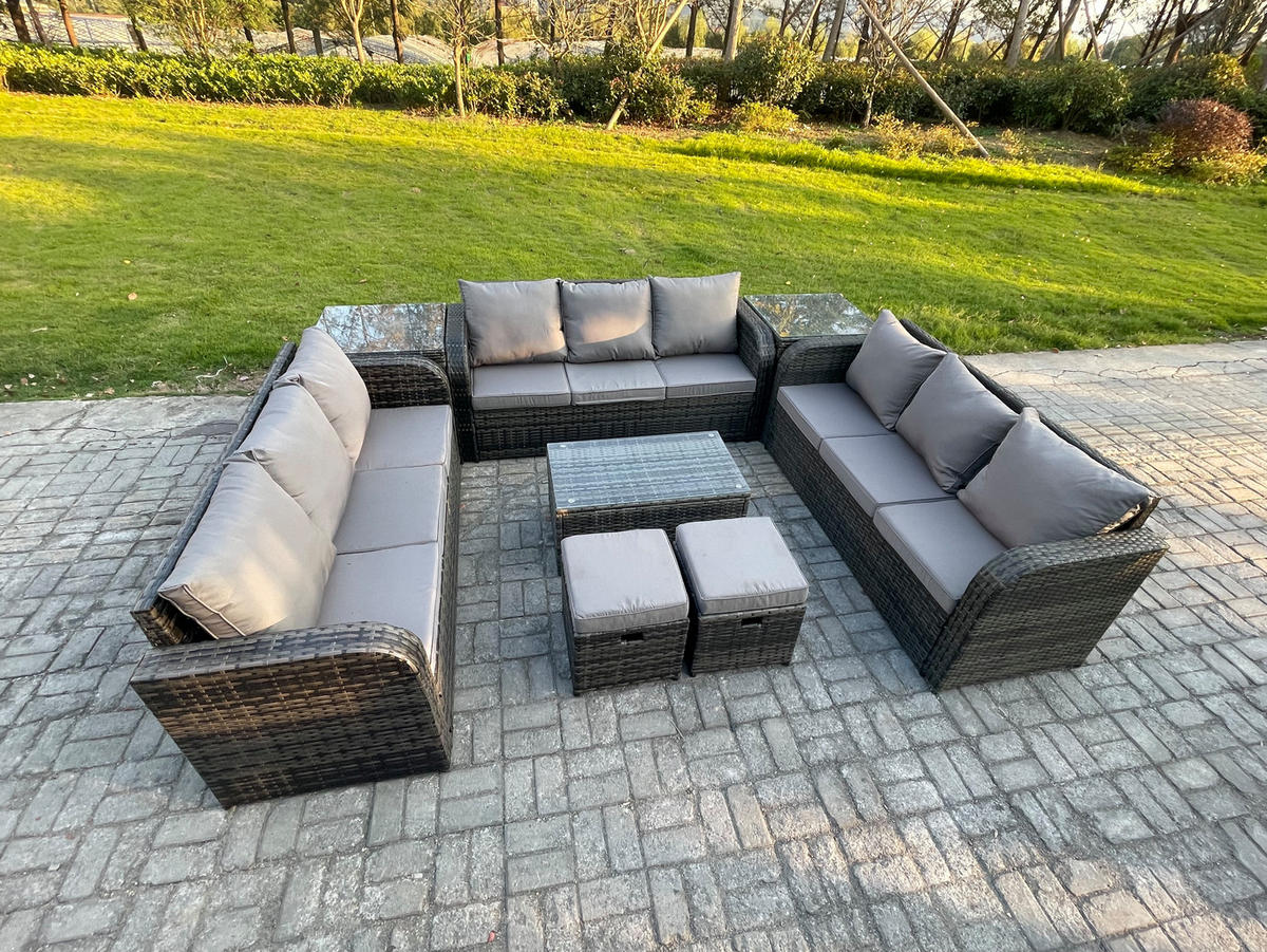 GARTENMÖBELGARNITUR mit KISSEN Polyrattan Dunkelgrau 11-Sitzer - Dunkelgrau/Grau, Glas/Kunststoff - Fimous