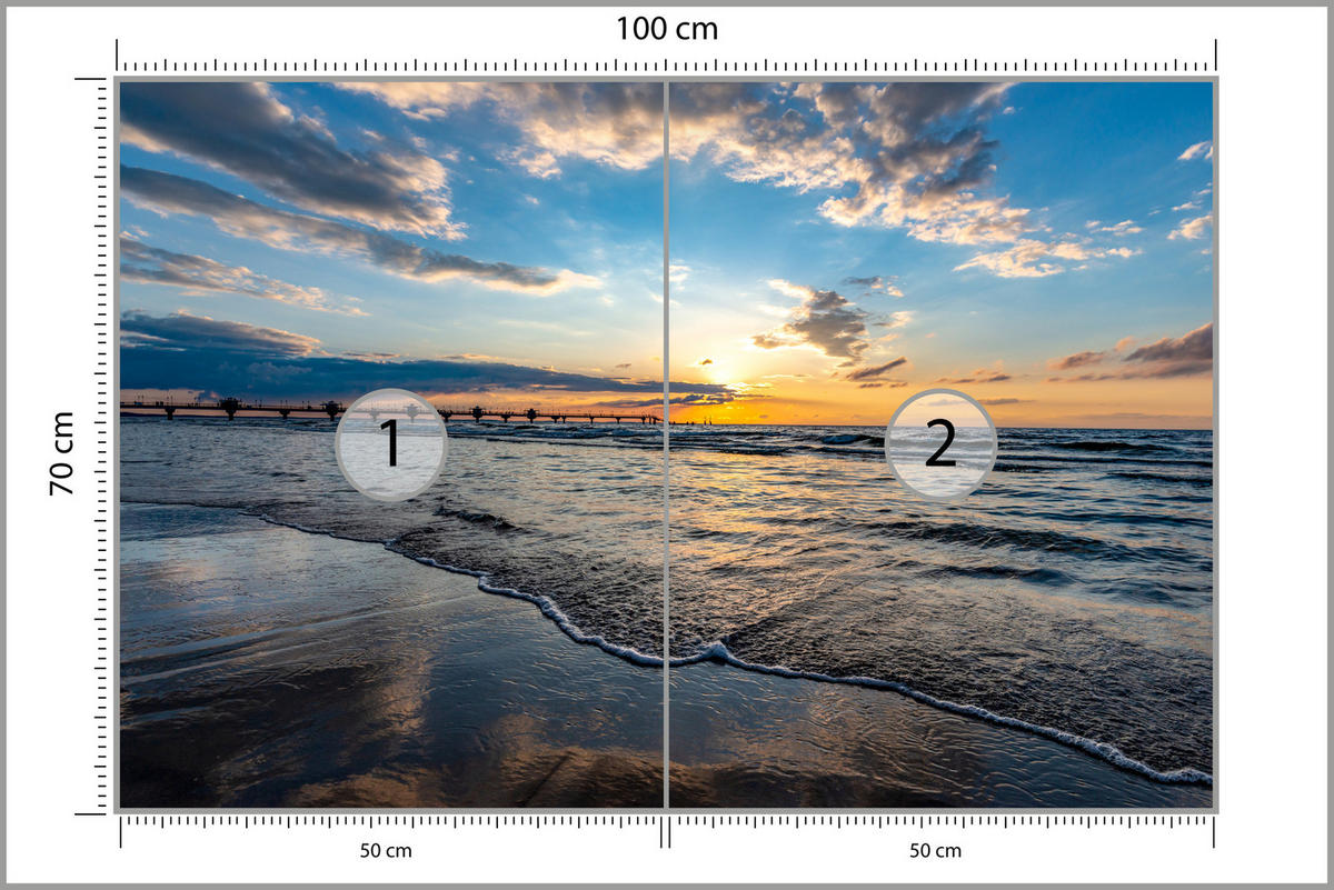 FOTOTAPETE für Wohnzimmer Sonnenuntergang Pier Romantik Meer 100x70 - Blau/Gelb, Papier (100/70cm) - Muralo