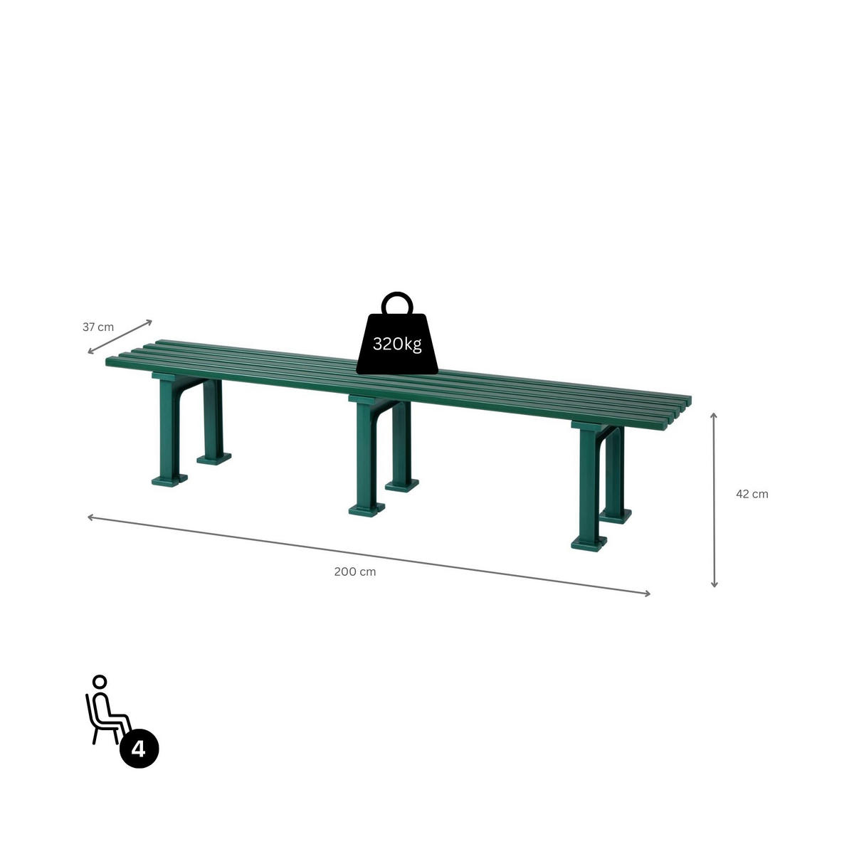 GARTENBANK Kuba 4 Sitzer Grün 42 x 200 x 37 cm Witterungskunststoff & UV Beständiger Kunststoff - Grün, Kunststoff (200/42/37cm) - PROREGAL