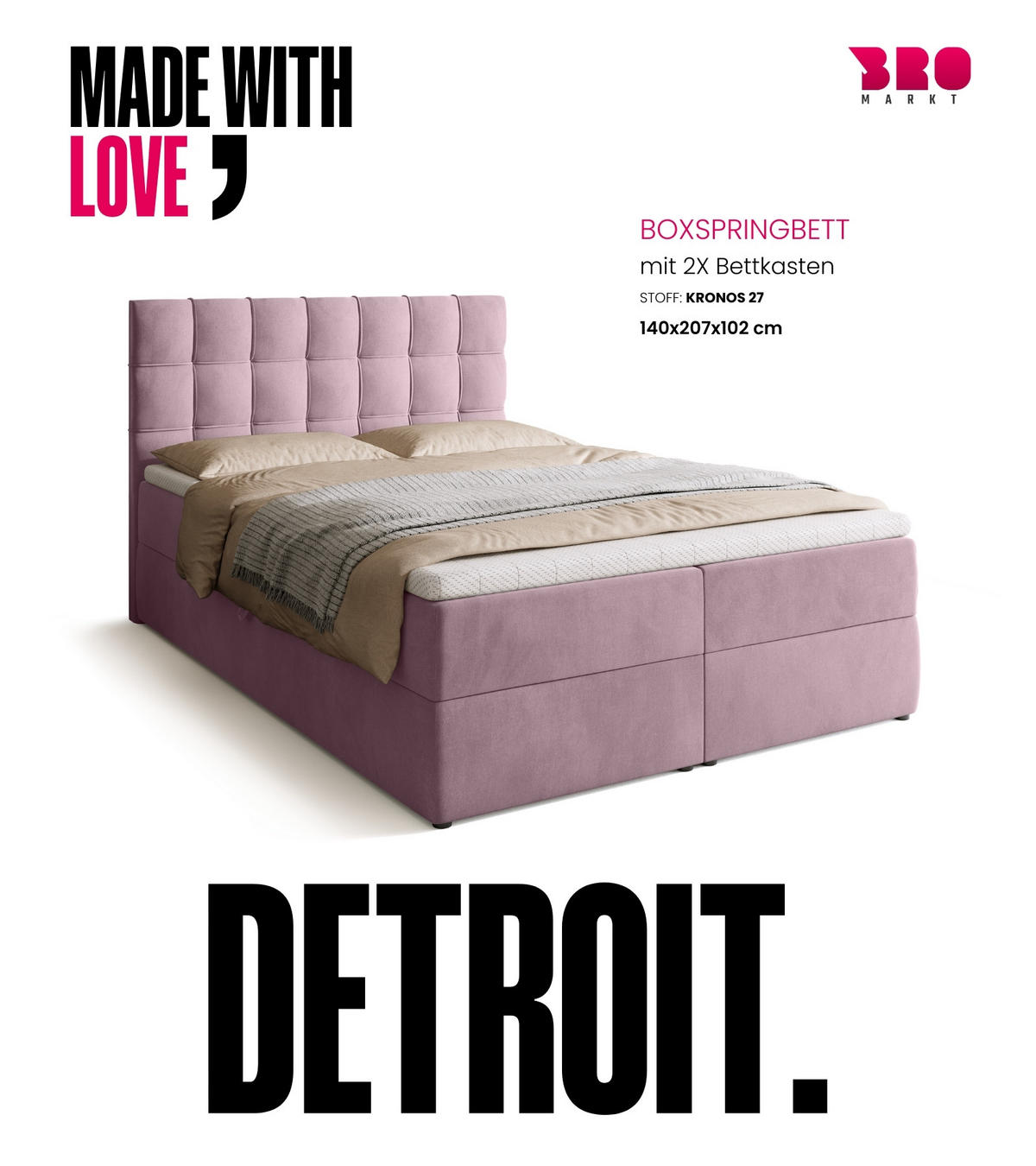 BOXBETT Detroit mit Topper 140/200 Rosa - Rosa, Holzwerkstoff/Textil (140/200cm) - Bromarkt