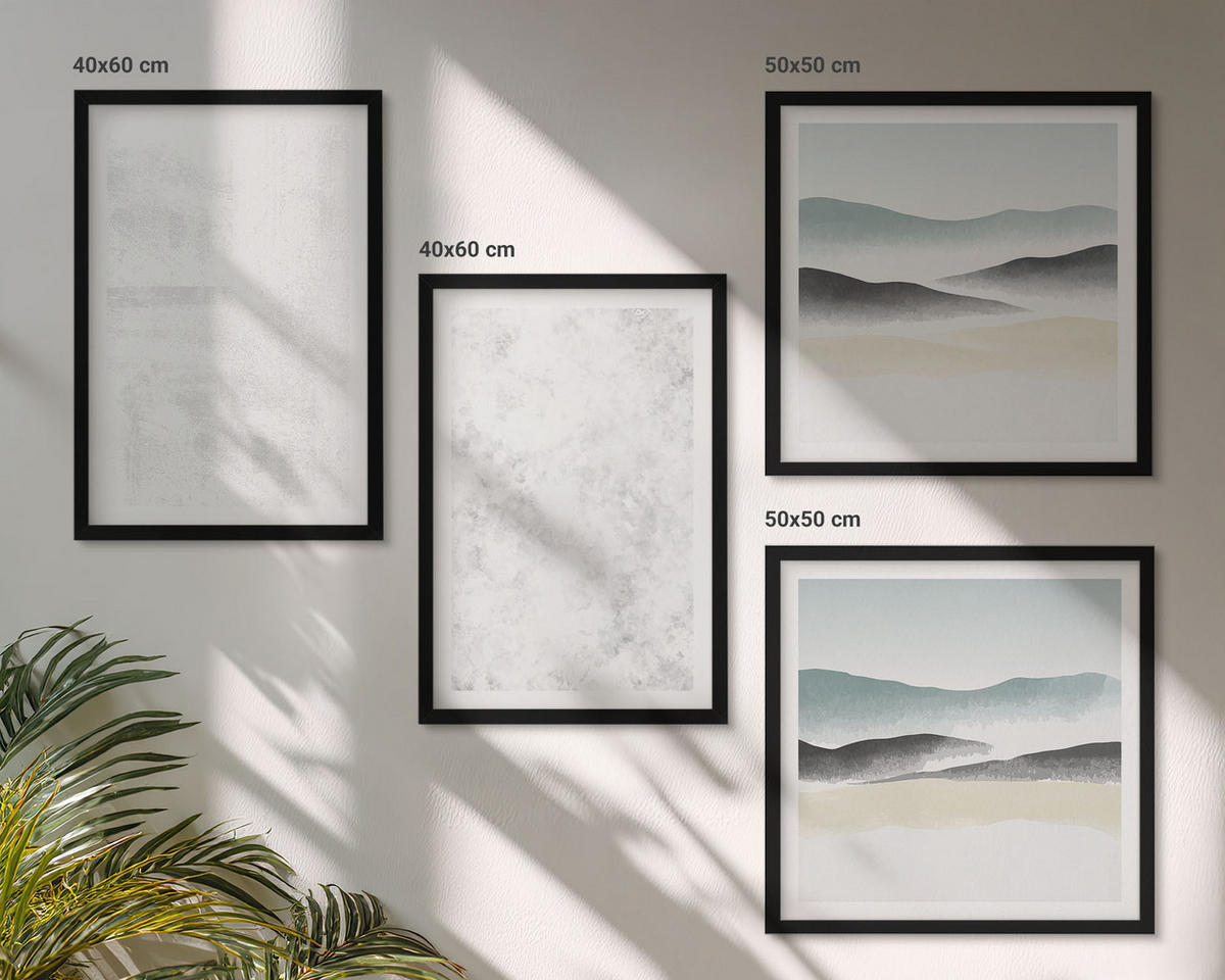 WANDBILDER 4er-Set - 50x50 cm & 40x60 cm Schwarzer Rahmen - Weiße Flecken auf Leinwandhintergrund - Schwarz, Kunststoff (50/50cm) - ArtPrintCave