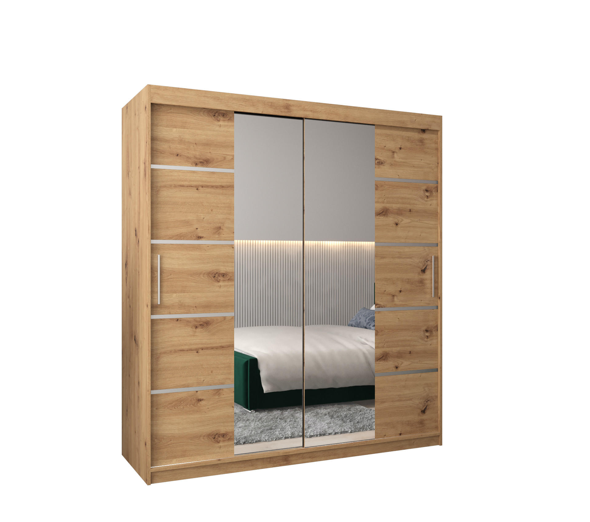Abiks Möbel Schwebetürenschrank Eiche Artisan, Silber 180x200x62 cm