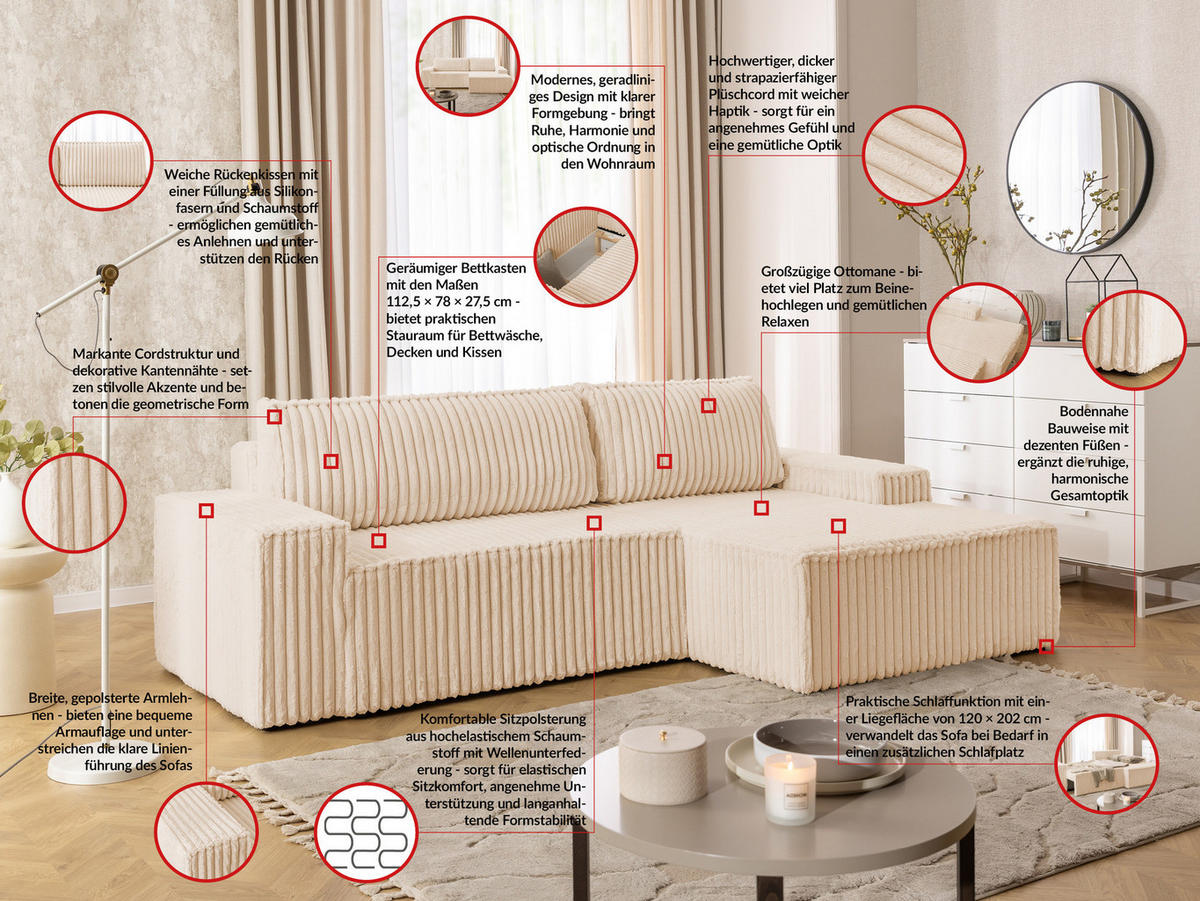 ECKSOFA Rivio mit Schlaffunktion und Bettkasten, Plüschcord Hellbeige - Beige/Schwarz, Holz/Kunststoff (262/149cm) - S-Style