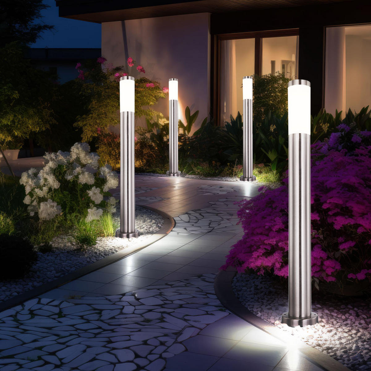 LED STEHLEUCHTE Edelstahl Silber opal 4er Set - Silberfarben, Metall (7.6/7.6/80cm) - Globo Lighting