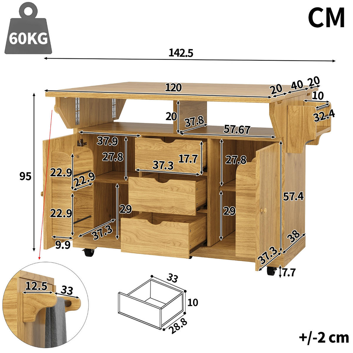 KÜCHENINSEL, AUSKLAPPBARE TISCHVERLÄNGERUNGEN, MDF Naturbraun, Küche, 142,5/80/95 cm - Braun, Holzwerkstoff (80/95/142.5cm) - Rolipo