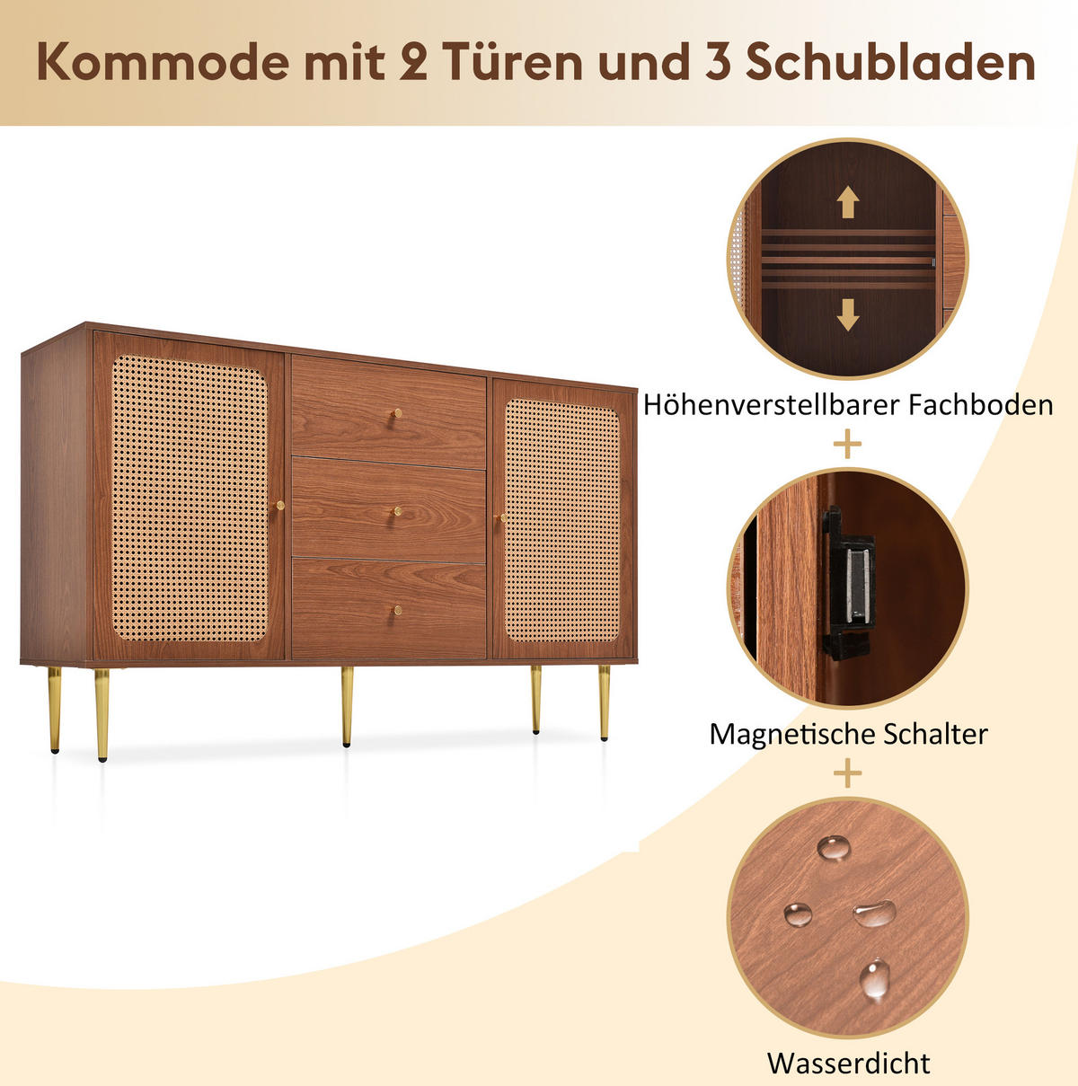 KOMMODE 150/40/90 cm aus Holzwerkstoff und Metall mit höhenverstellbarem Fachboden Nussbaum - Naturfarben, Metall (150/90/40cm) - Modenvie