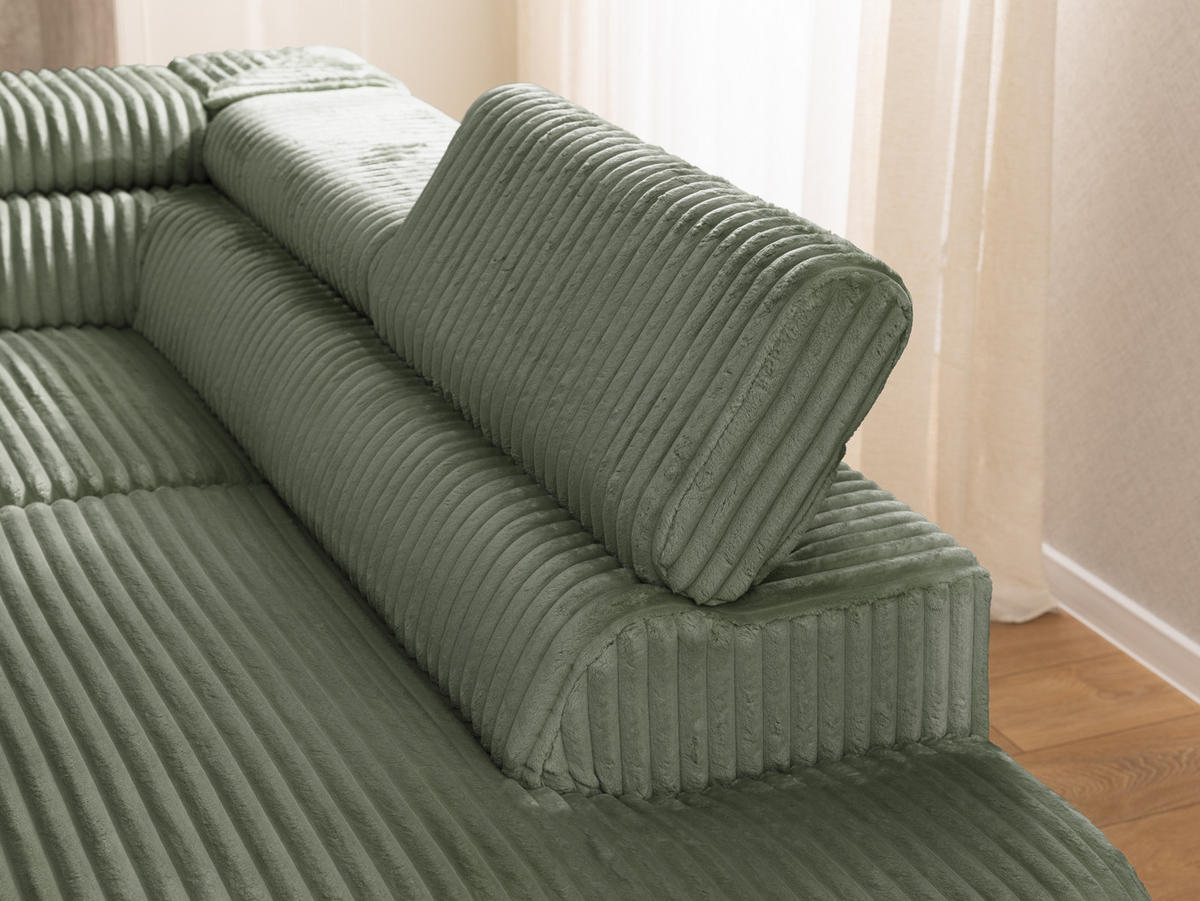 ECKSOFA mit Schlaffunktion und Bettkasten Bonnie aus Olive Cord-Stoff mit verstellbaren Kopfstützen und Armlehne - Ottomane rechts - Schwarz/Hellgrün, Holz/Textil (275/210cm) - S-Style Möbel