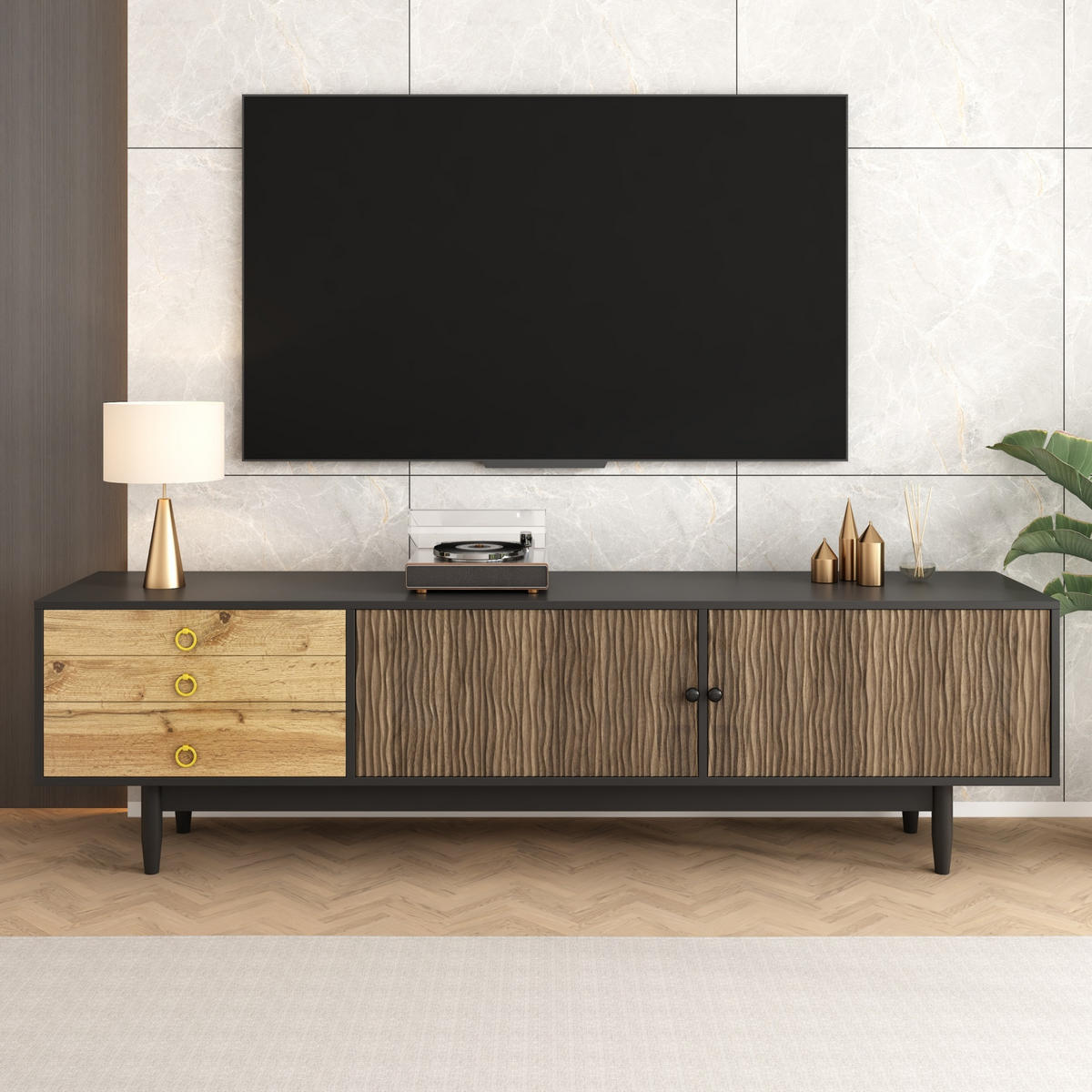 TV-SCHRANK 180/50/38 cm schwarz-finish MDF mit 2 Türen und 3 Schubladen - Schwarz, Holzwerkstoff (180/38/50cm) - OKWISH