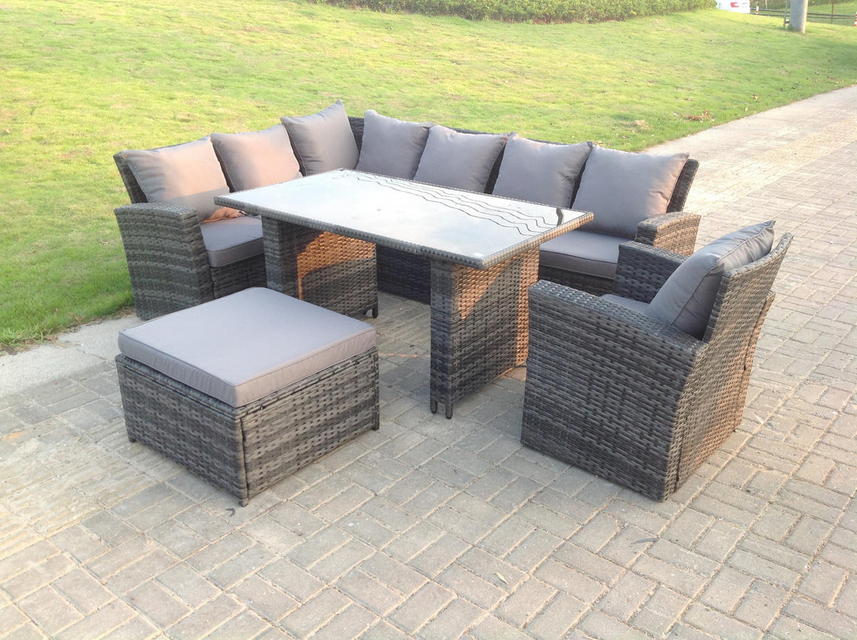 GARTEN-ECKSOFAGARNITUR mit Esstisch Polyrattan 8-Sitzer - Dunkelgrau/Grau, Glas/Kunststoff - Fimous