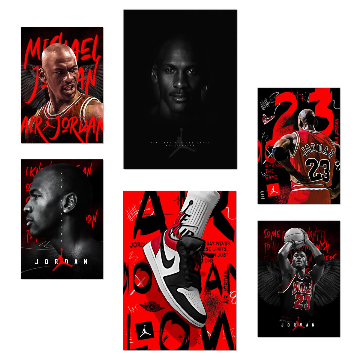 POSTER Set Mit 6 Ikonisches Jordan Grafiiti Rot & Schwarz A3 & A4 Rahmenlos - Klar, Papier (29/3cm) - Nacnic