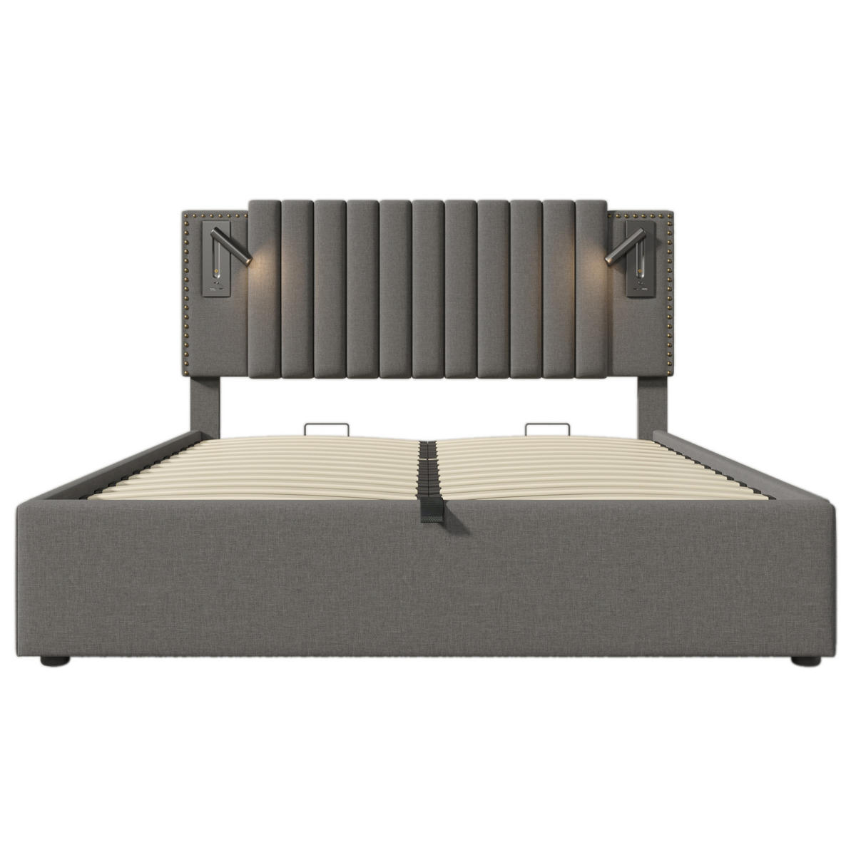 ČALÚNENÁ posteľ 140/200 cm z bavlny, sivá, s úložným priestorom, čítacím svetlom a USB - sivá, textil (140/200cm) - BEAOK