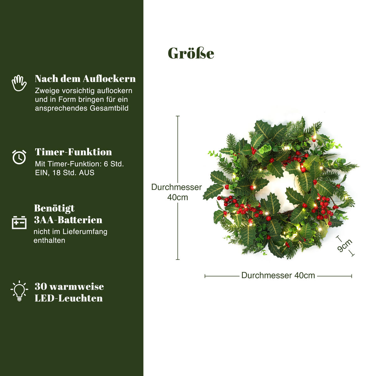 RUNDER LED-Weihnachtskranz Ø 40 cm mit roten Beeren, 30 LEDs, Timer - Dunkelgrün, Naturmaterialien (40cm) - Hometopia